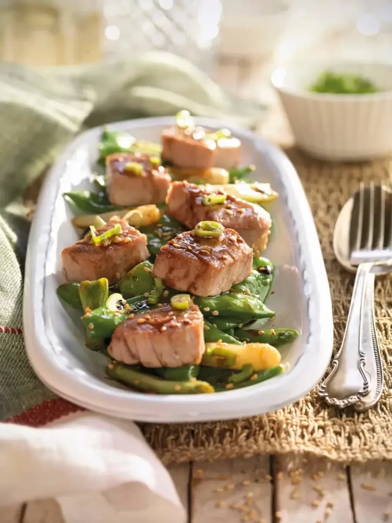 Bonito con tirabeques y sésamo: receta saludable y fácil bonito con tirabeques y verduras saludables